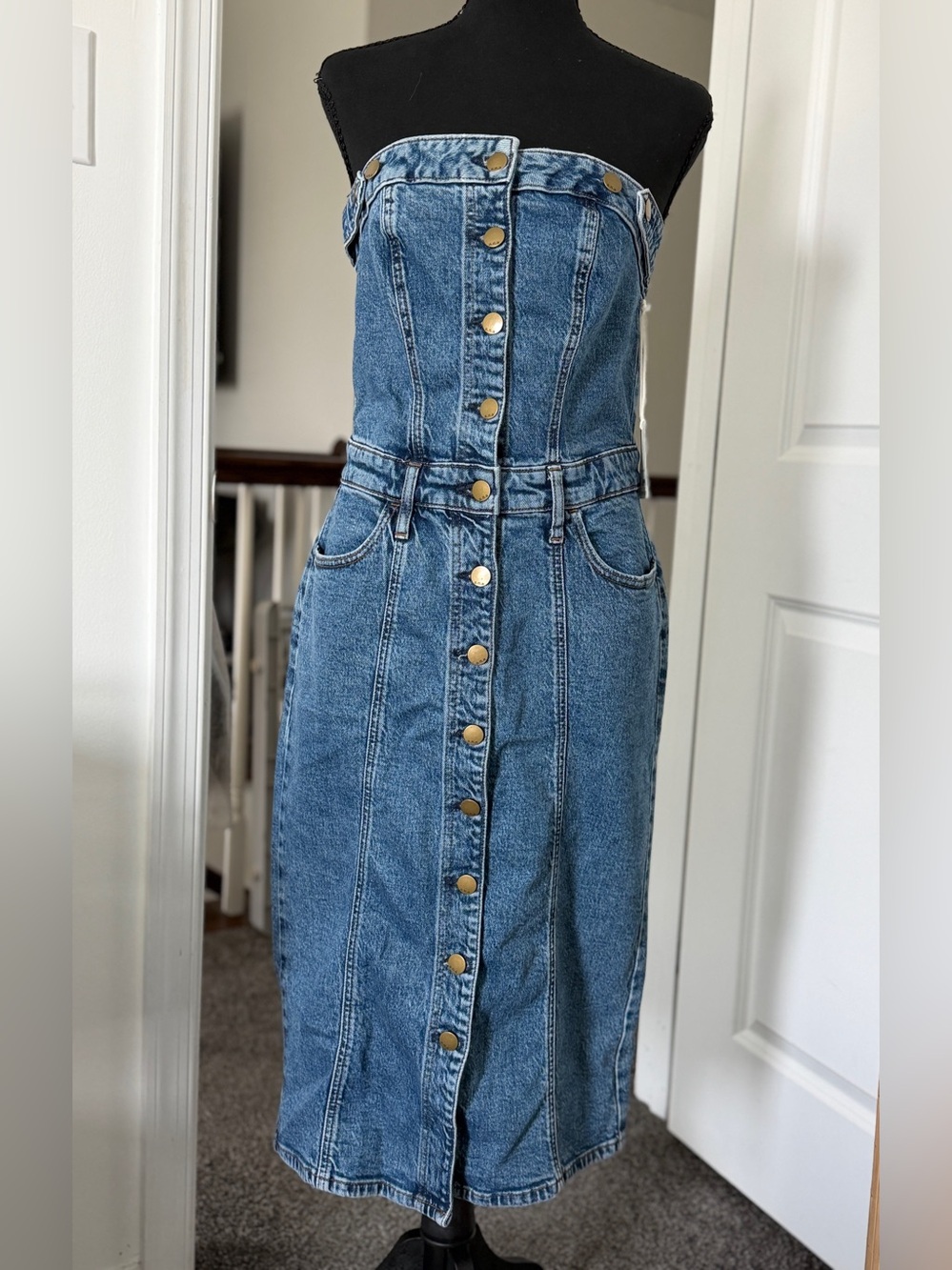 a.n.a Strapless Button-Front Denim Midi Dress - Blue